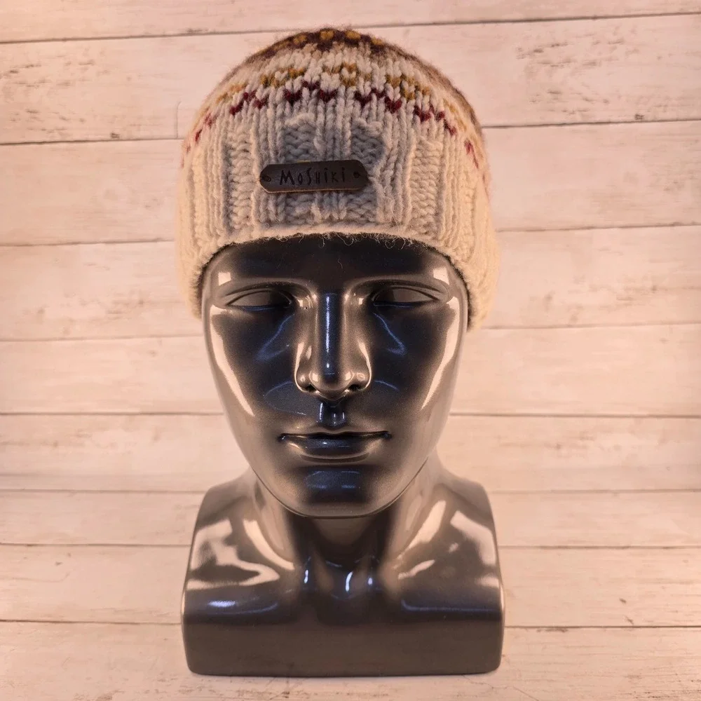 Moshiki Wool Beanie Fair Isle Knit Fleece Lined Winter Hat Cream Brown Nepal